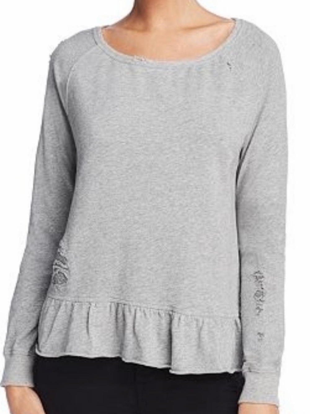 #1061 PAM & GELA Heather Gray Ruffle-Hem Distressed Sweatshirt